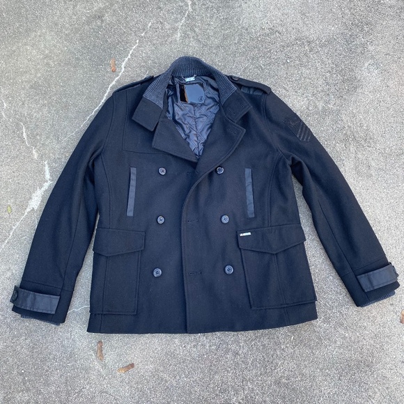 Guess Wool Double Breasted Military Pea Coat Polo Ralph Lauren J Crew Boss CK - Picture 1 of 5